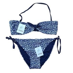 Lemlem Navy Blue Leopard Halima Bandeau Top & String Bikini BottomSize Small NWT